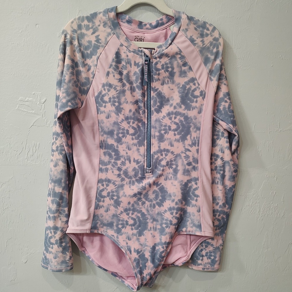 Athleta Girl Long Sleeve One Piece Swimsuit Sz XL/14 Pink Blue TieDye Rash Guard